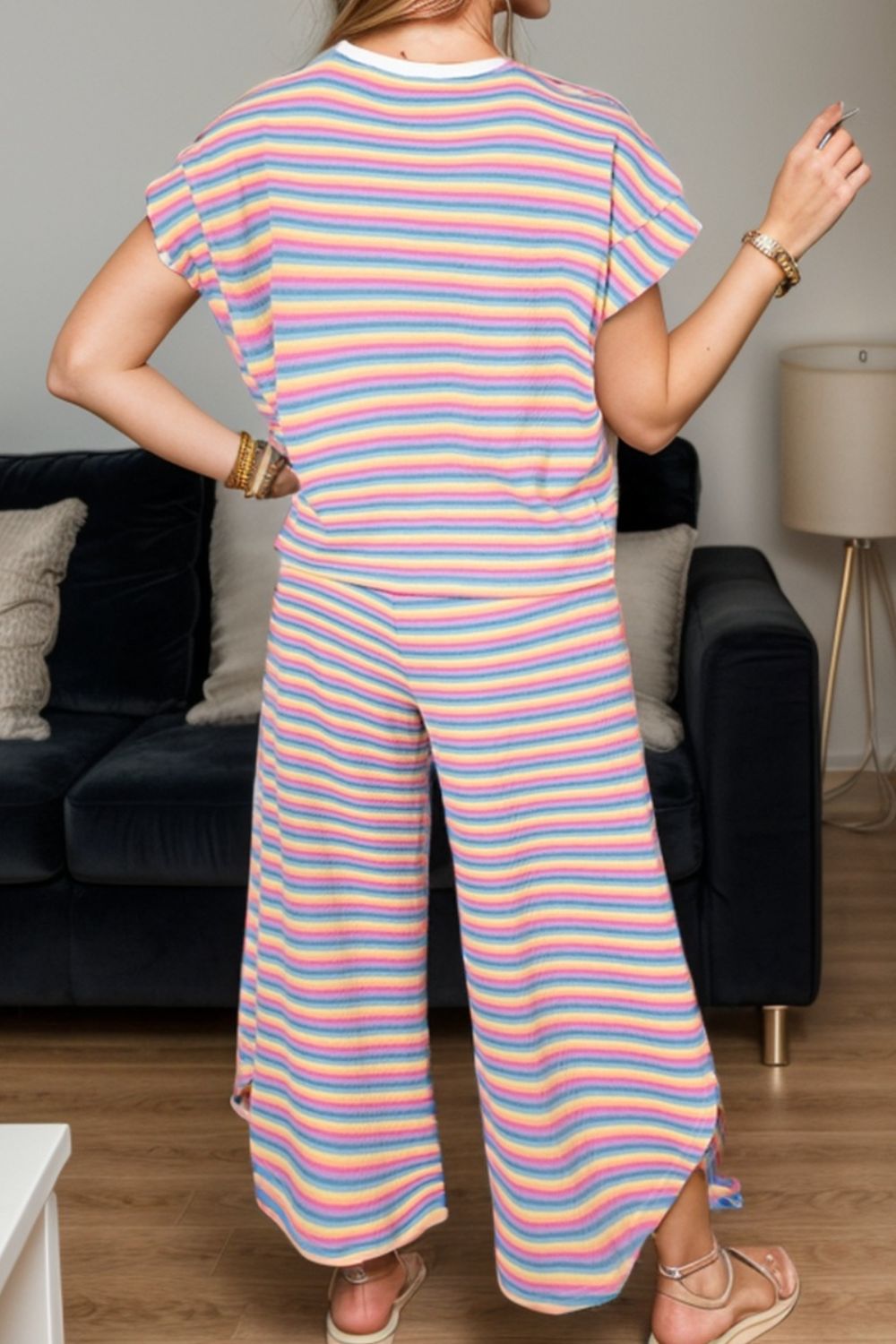 Striped Round Neck Top and Drawstring Pants Set   