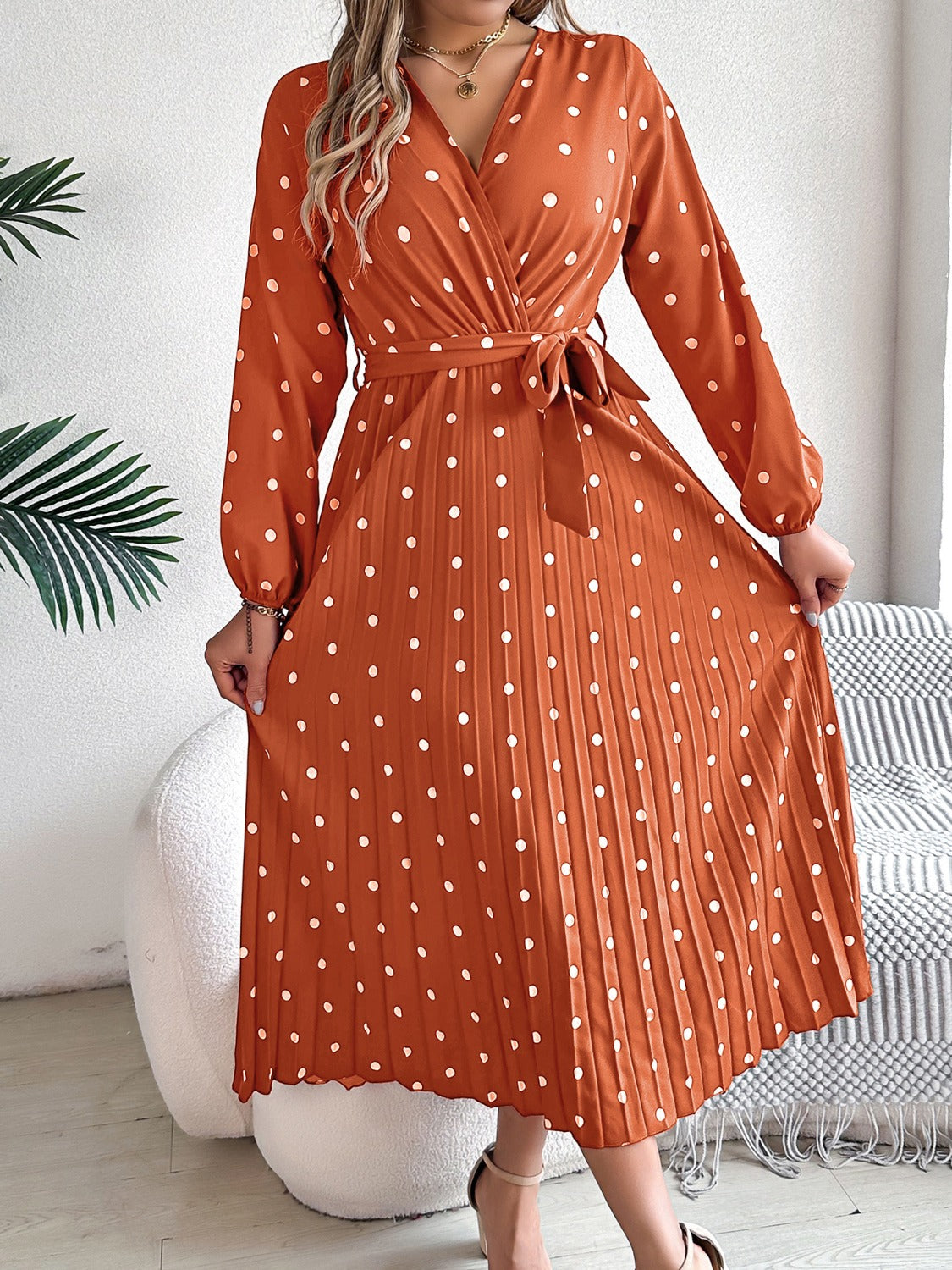 Tied Polka Dot Long Sleeve Midi Dress   