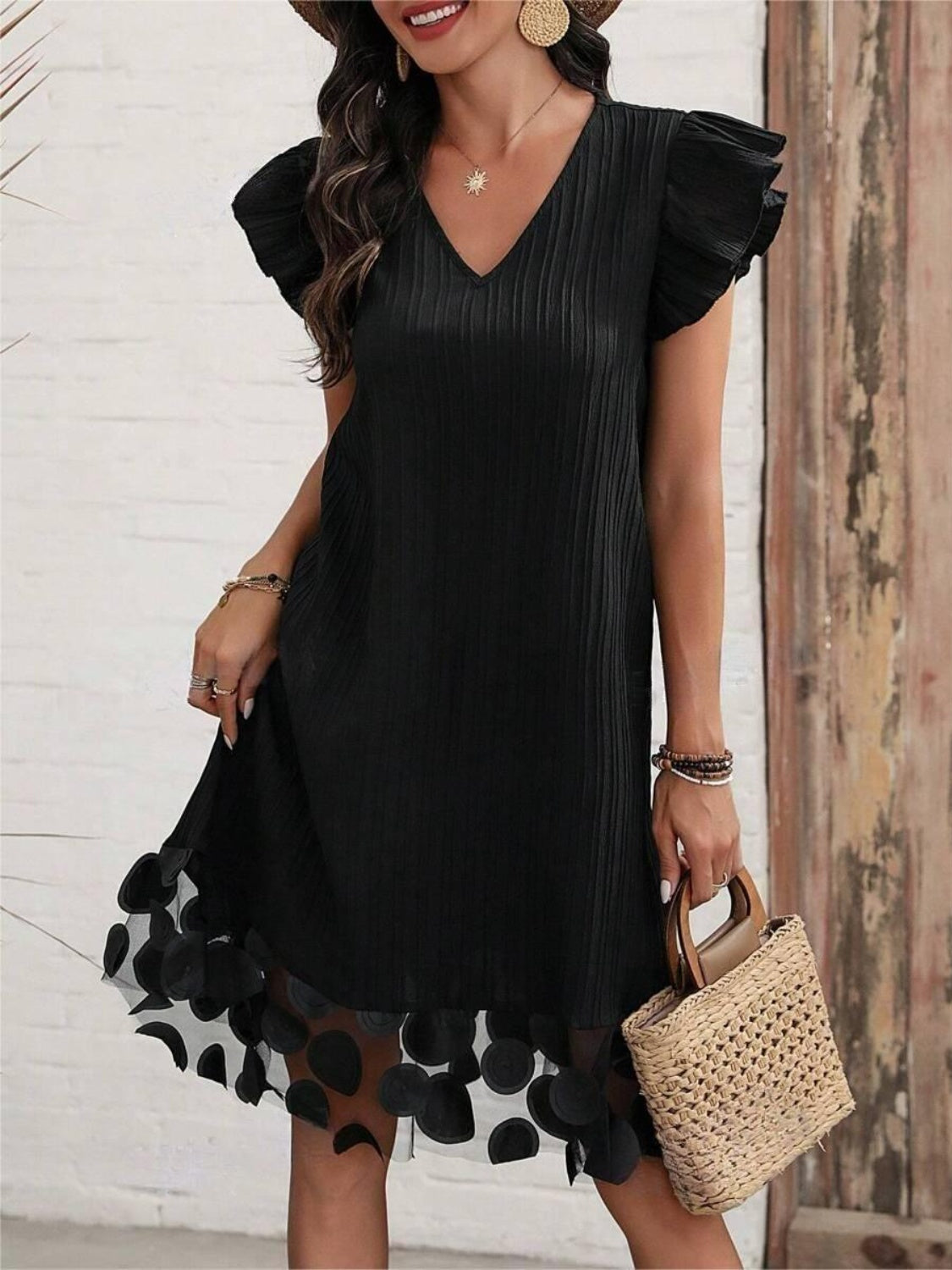 Ruffled V-Neck Cap Sleeve Dress   