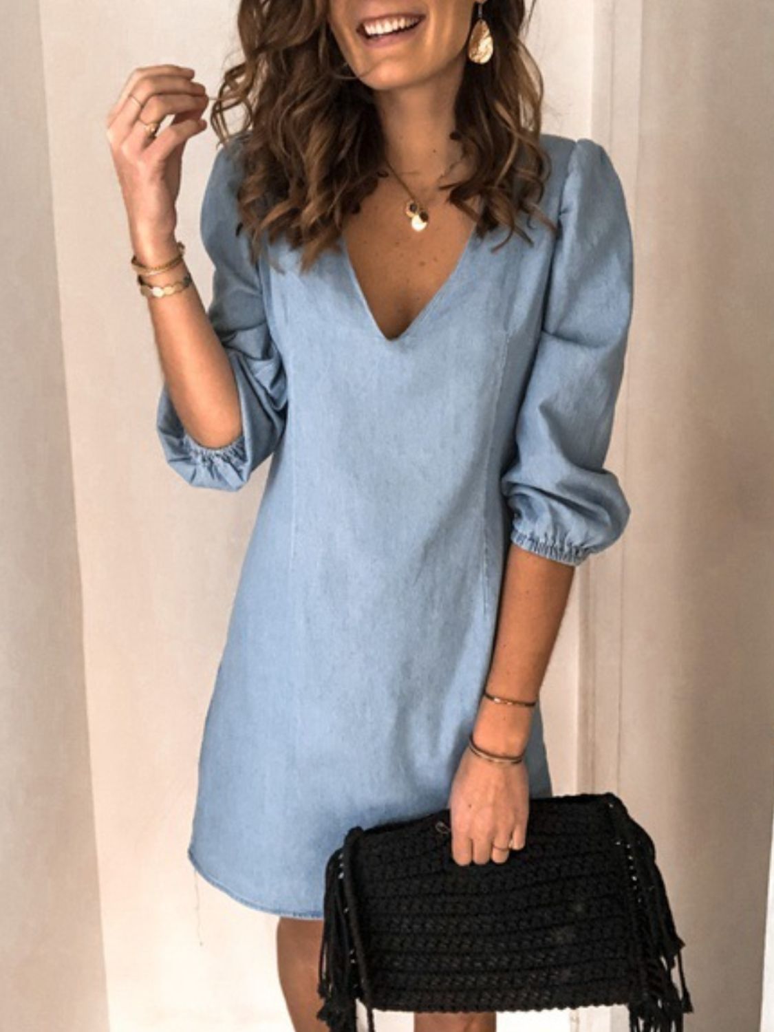 STUNNLY  Full Size V-Neck Half Sleeve Denim Dress   