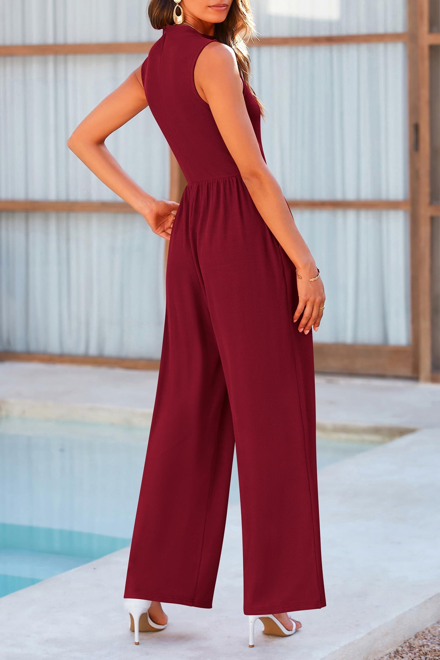 STUNNLY  Mock Neck Sleeveless Wide Leg Jumpsuit Wine M 