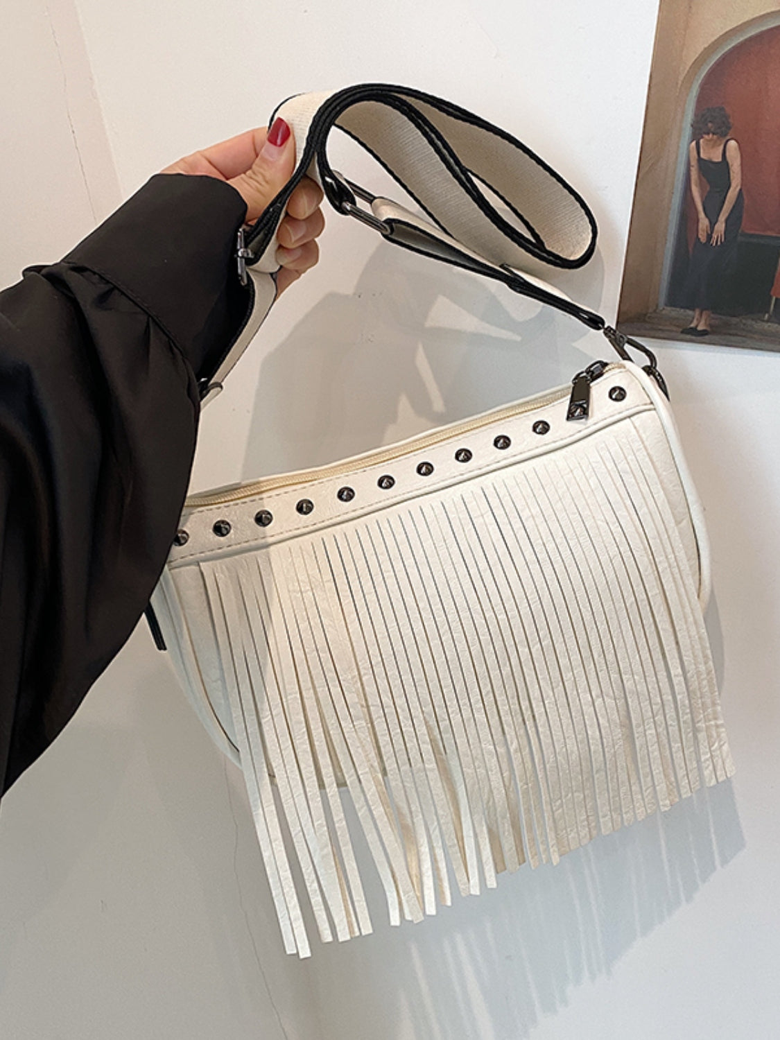 PU Leather Fringe Studded Crossbody Bag   