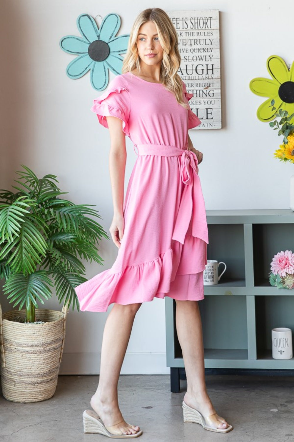 Reborn J Tie Front Ruffled Short Sleeve Dress   