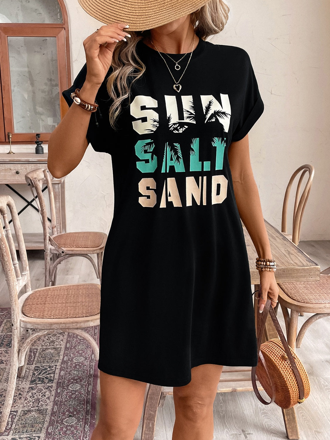 Letter Graphic Round Neck Short Sleeve Mini Tee Dress   