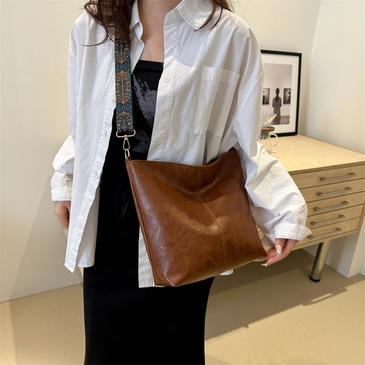 PU Leather Adjustable Strap Shoulder Bag   