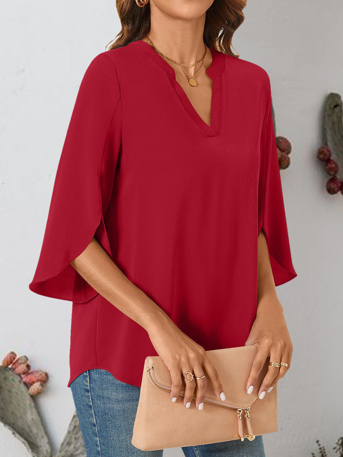 Notched Slit Half Sleeve Blouse   