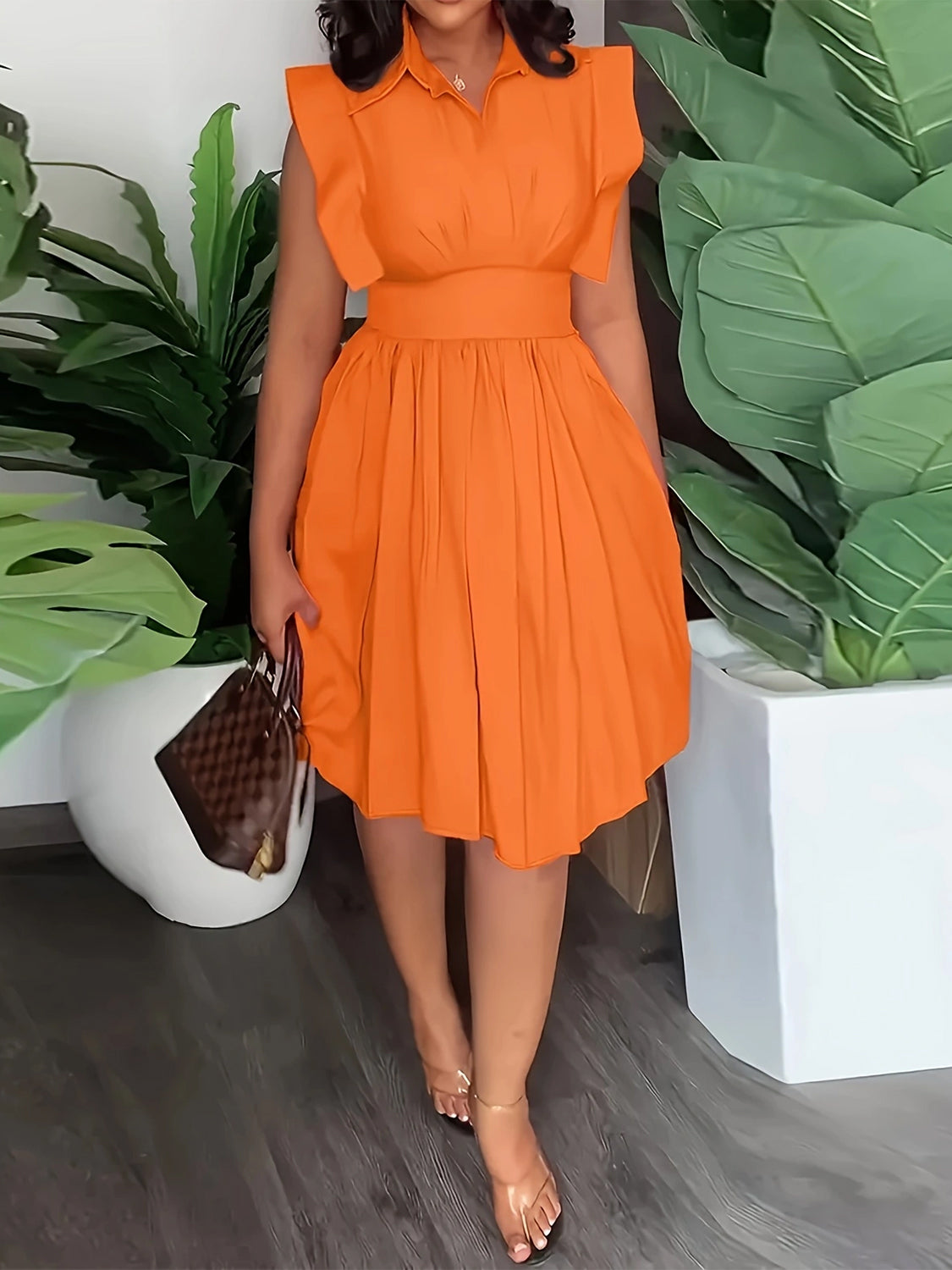 Plus Size Ruffled Collared Neck Cap Sleeve Dress Orange 1XL 