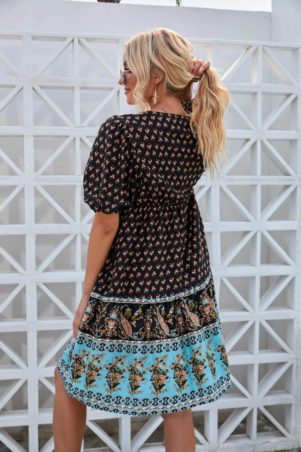 Printed Tie Neck Half Sleeve Dress   