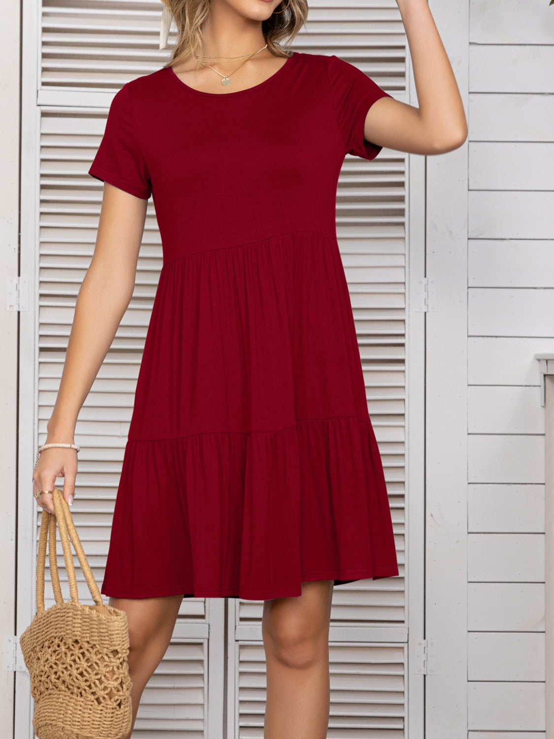 Round Neck Short Sleeve Mini Tee Dress Burgundy S 