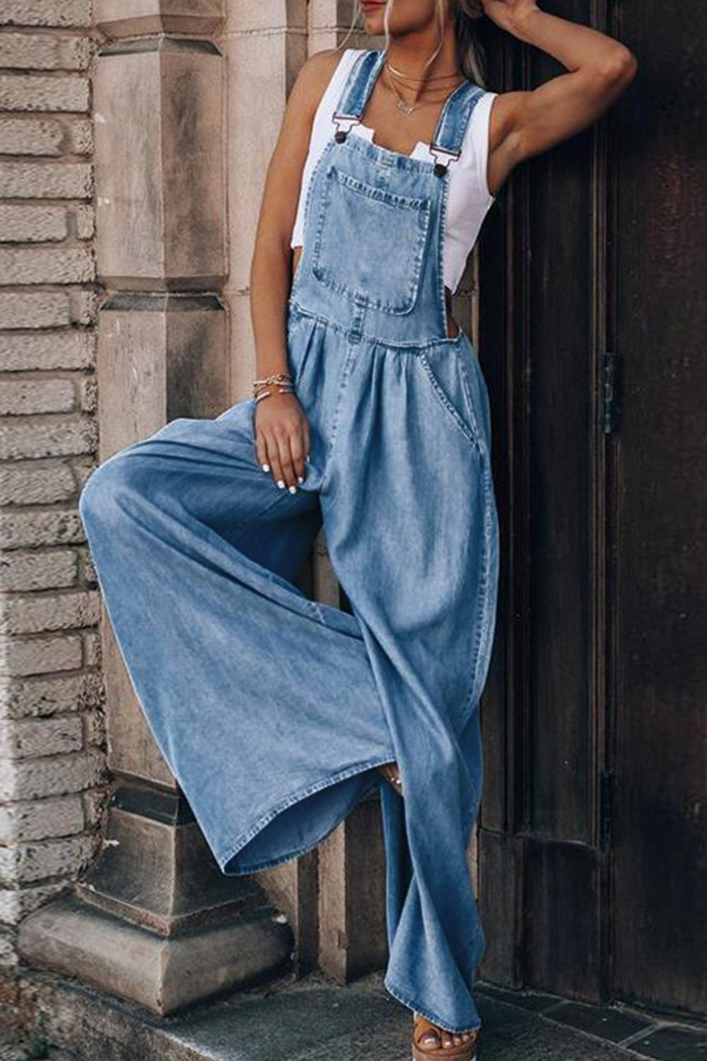 STUNNLY  Distressed Wide Leg Denim Overalls   