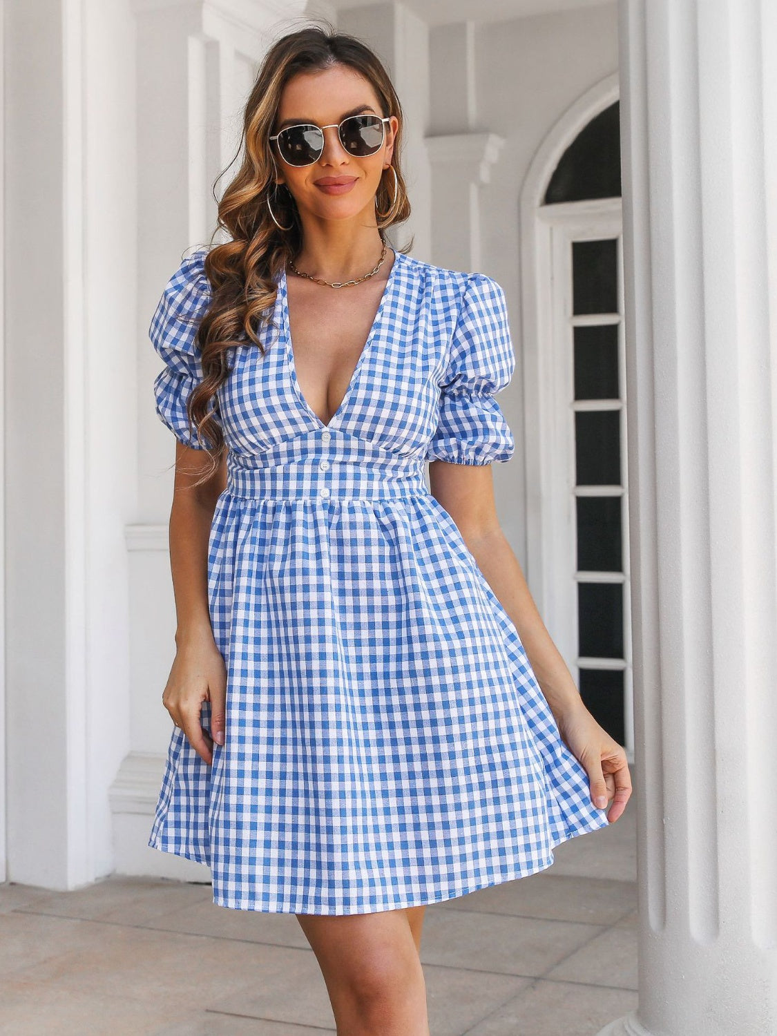 Decorative Button Plaid Short Sleeve Dress   