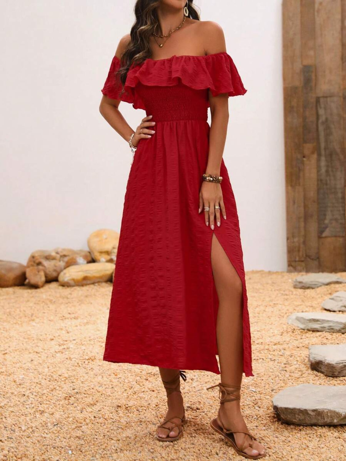 Slit Off-Shoulder Short Sleeve Midi Dress   