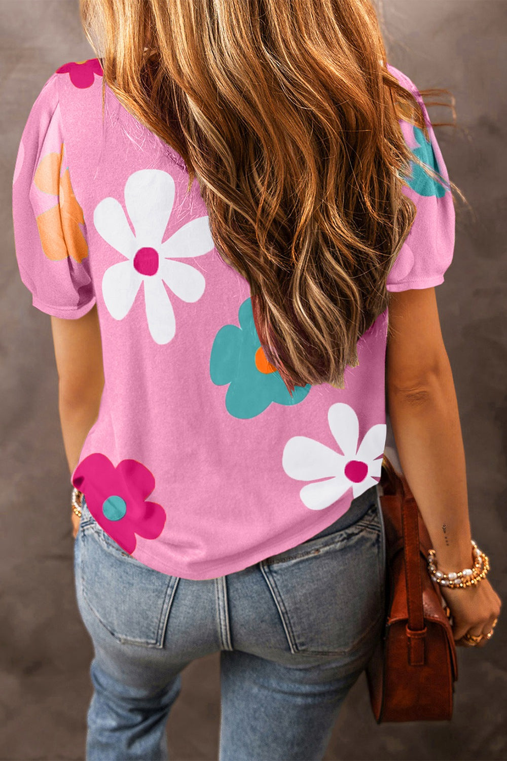 STUNNLY  Flower Round Neck Short Sleeve Blouse   