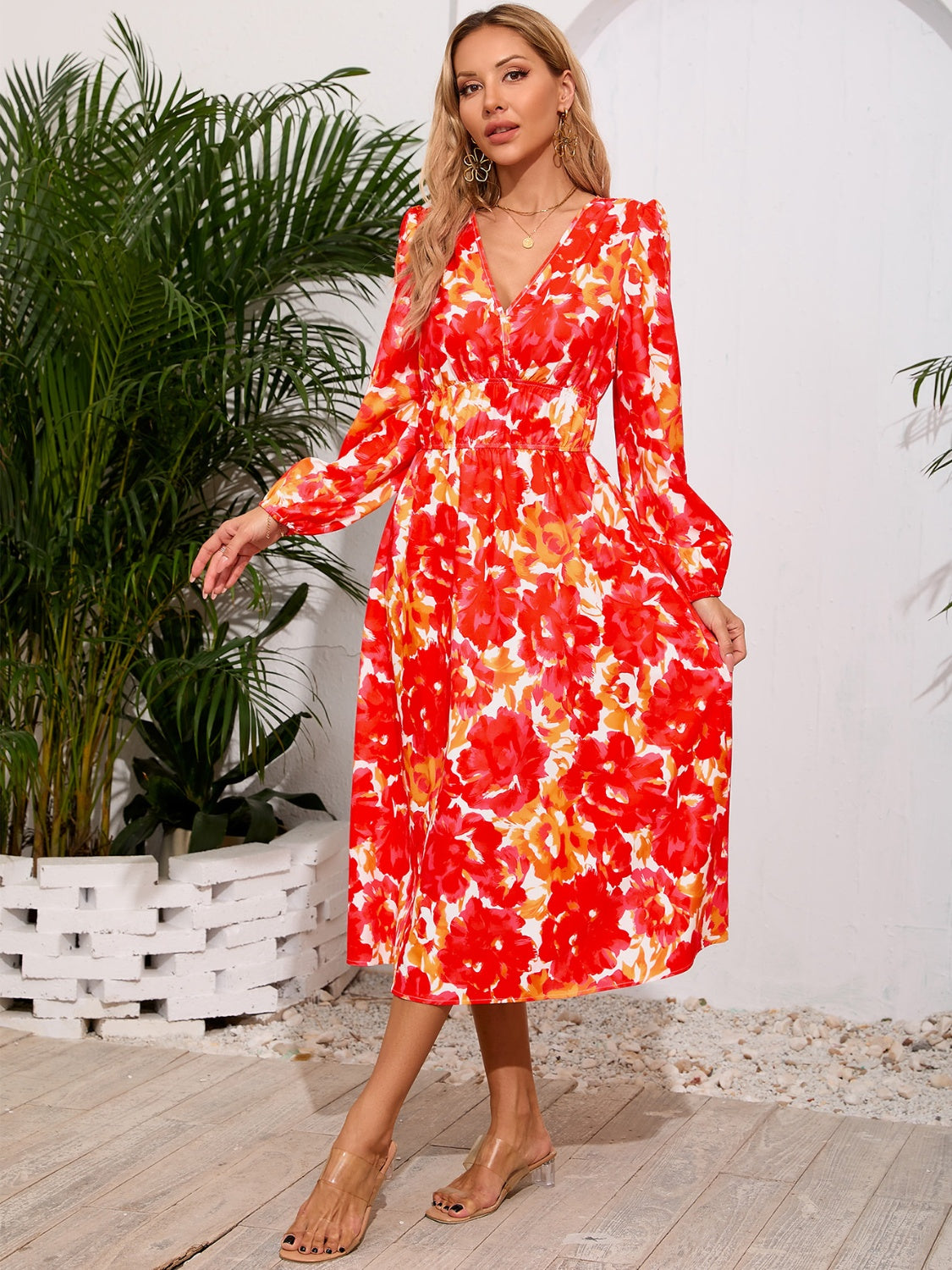 Printed Surplice Long Sleeve Midi Dress Orange S 