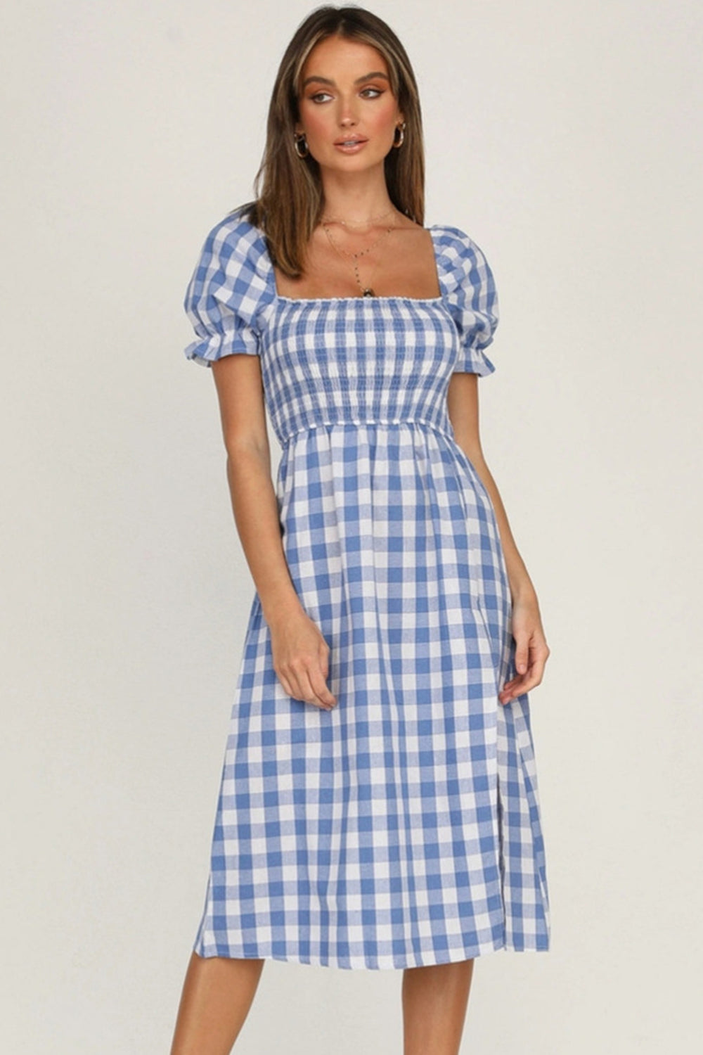 Full Size Slit Plaid Short Sleeve Midi Dress   