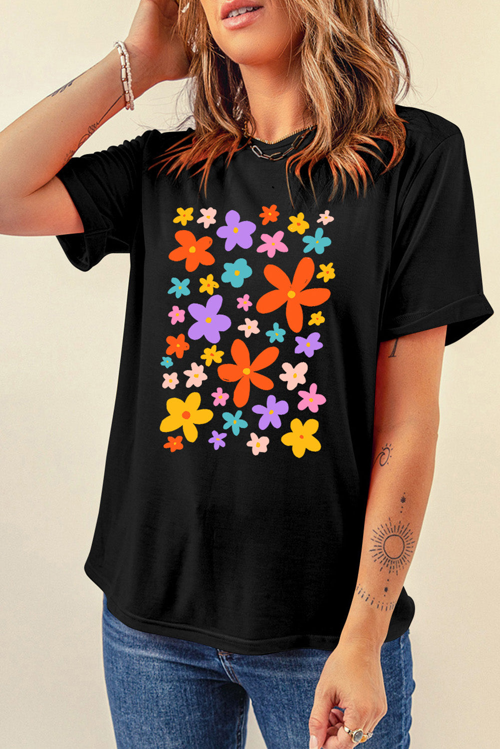 STUNNLY  Flower Graphic Round Neck Short Sleeve T-Shirt   