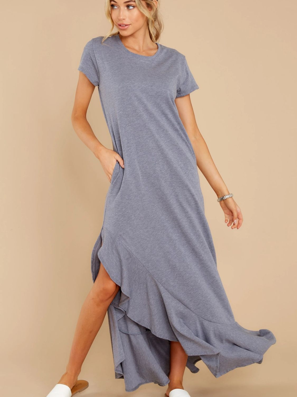 Slit Round Neck Short Sleeve Maxi Dress Dark Gray S 