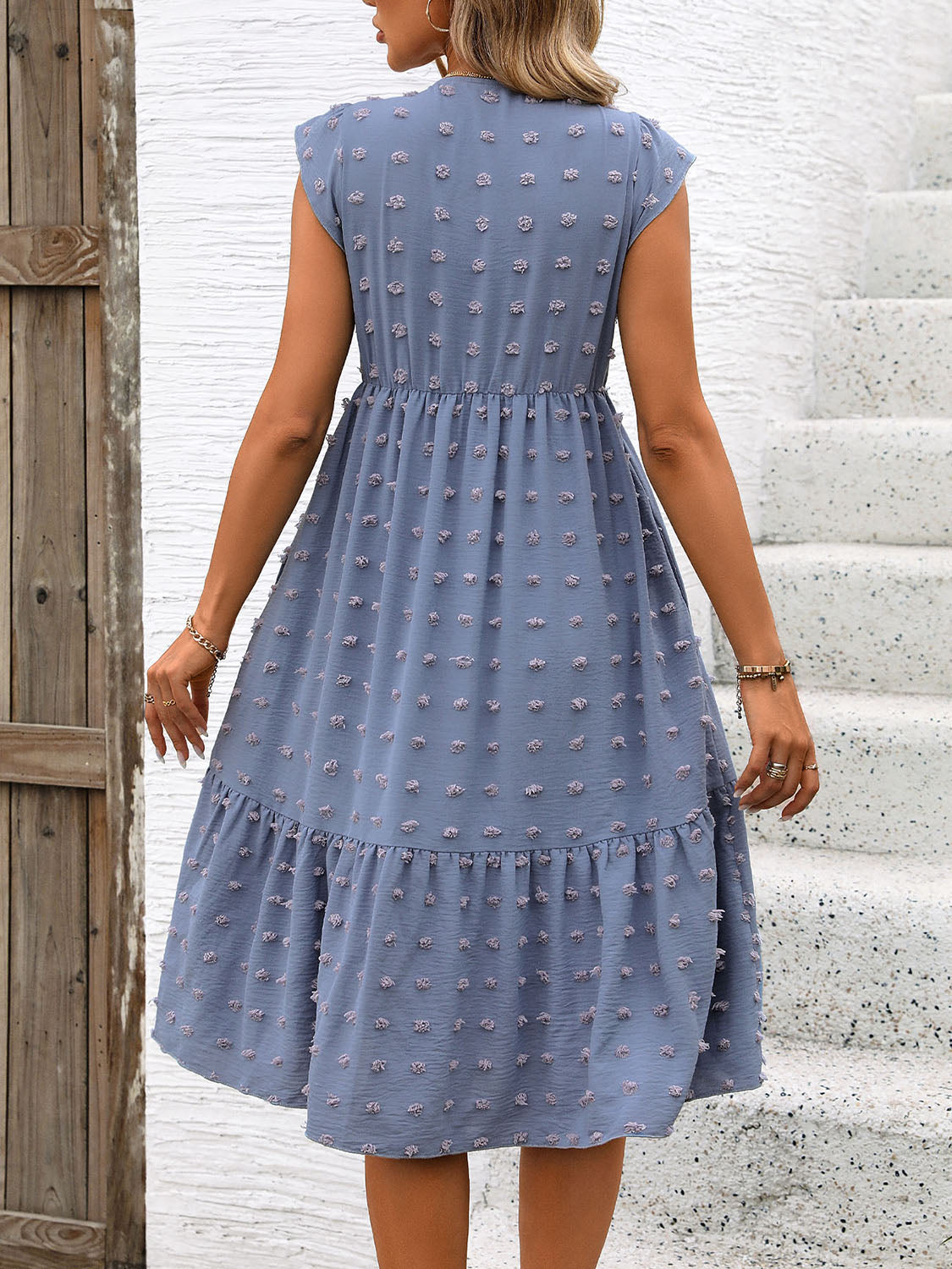 Swiss Dot V-Neck Cap Sleeve Dress   