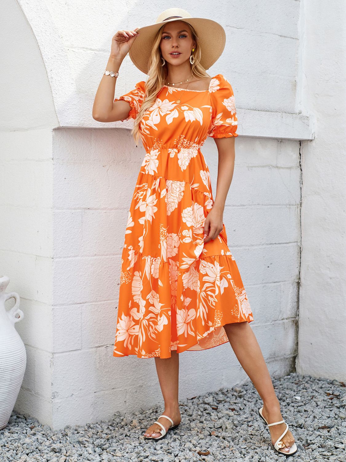 Printed Asymmetric Neck Short Sleeve Midi Dress   