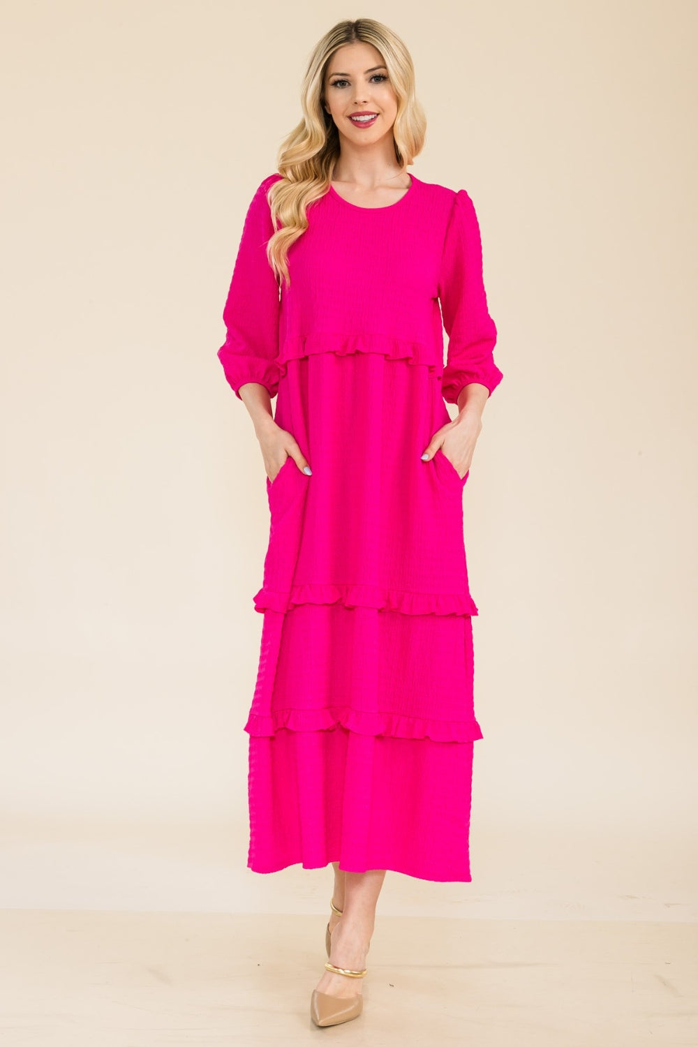 Celeste Full Size Tiered-Ruffle Midi Dress Fuchsia S 