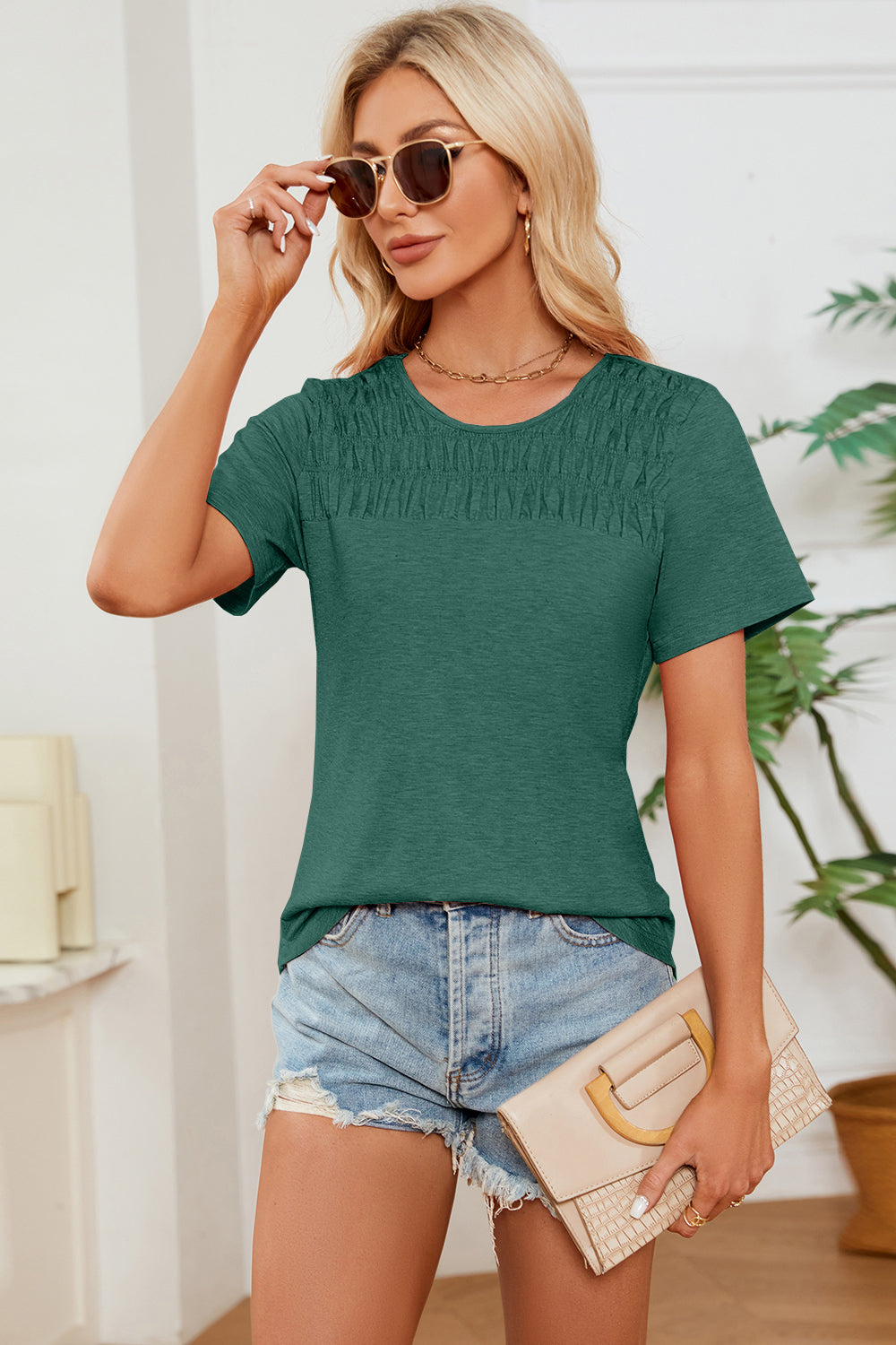 STUNNLY  Ruched Round Neck Short Sleeve T-Shirt   