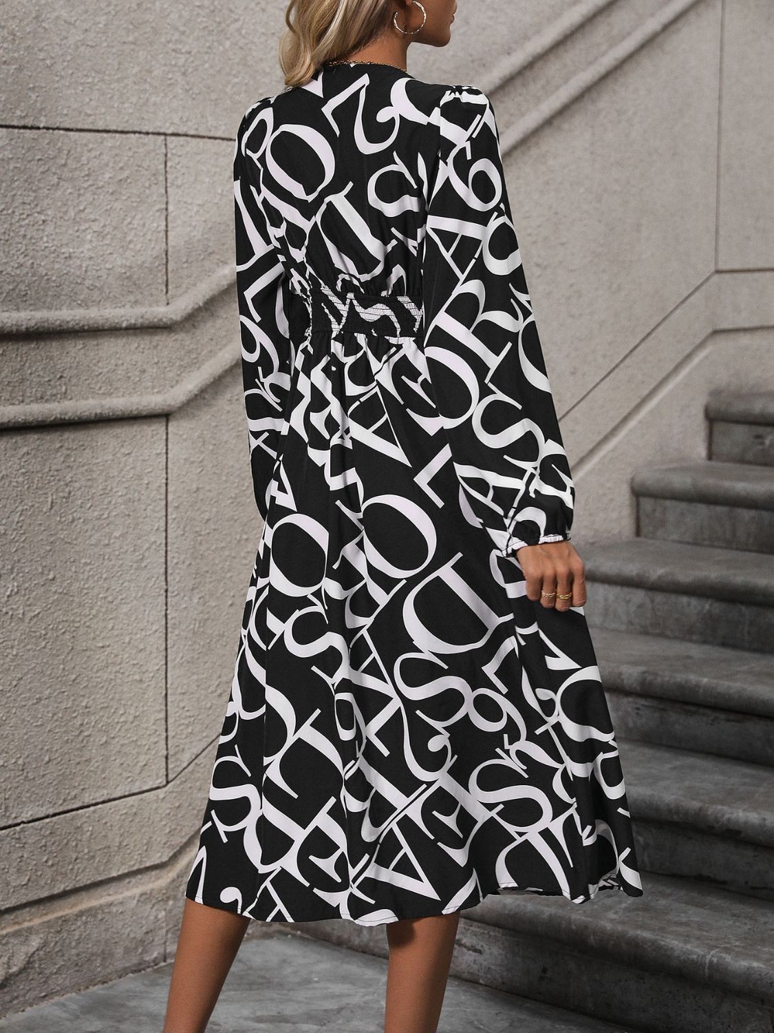 Printed V-Neck Long Sleeve Midi Dress   