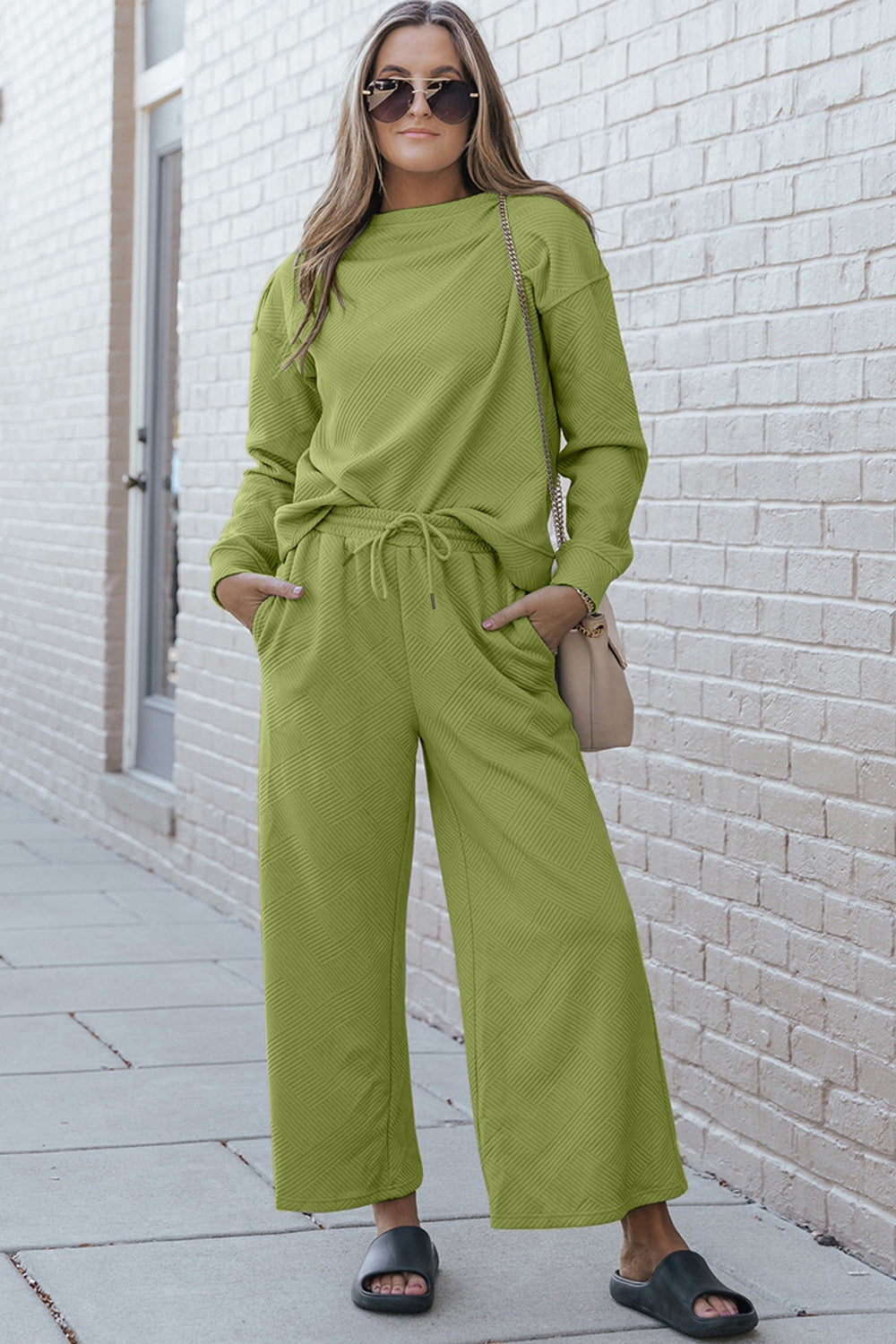 Double Take Full Size Textured Long Sleeve Top and Drawstring Pants Set Chartreuse L 