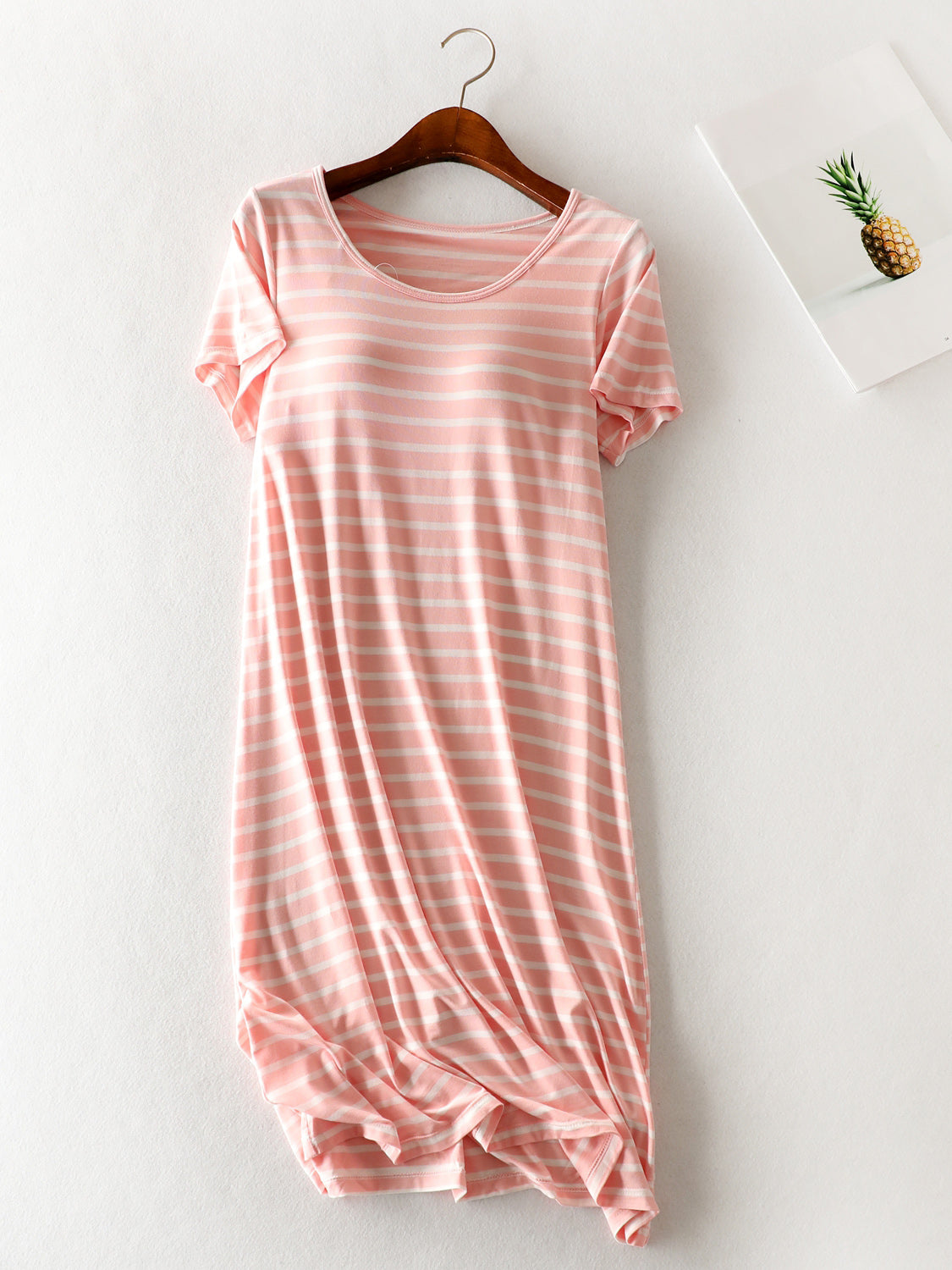 Striped Round Neck Short Sleeve Dress Pink/White M 