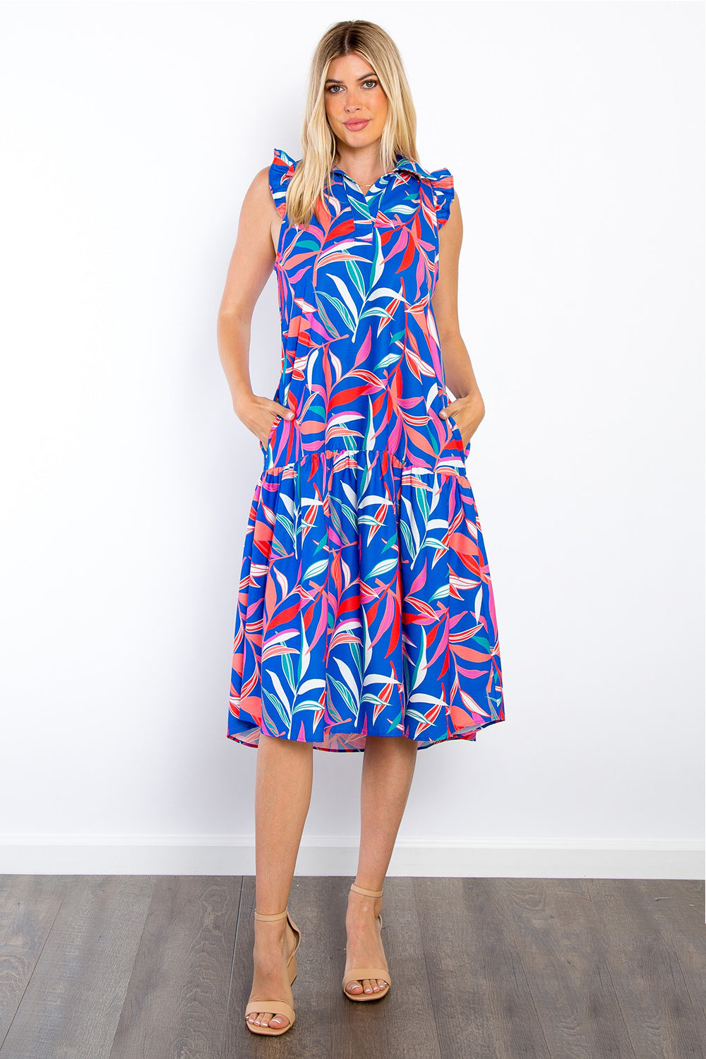 Be Stage Print Ruffled Midi Dress with Pockets Royal Blue S 