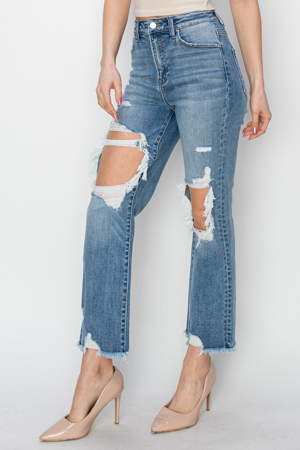 STUNNLY  RISEN High Rise Distressed Crop Straight Jeans   