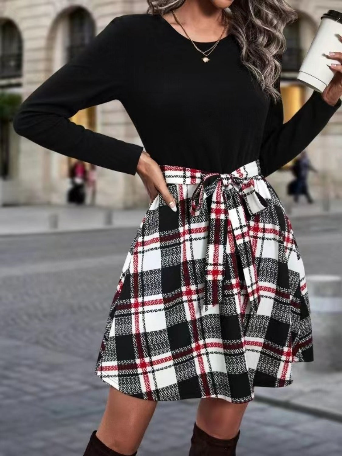 Tied Plaid Round Neck Long Sleeve Dress   