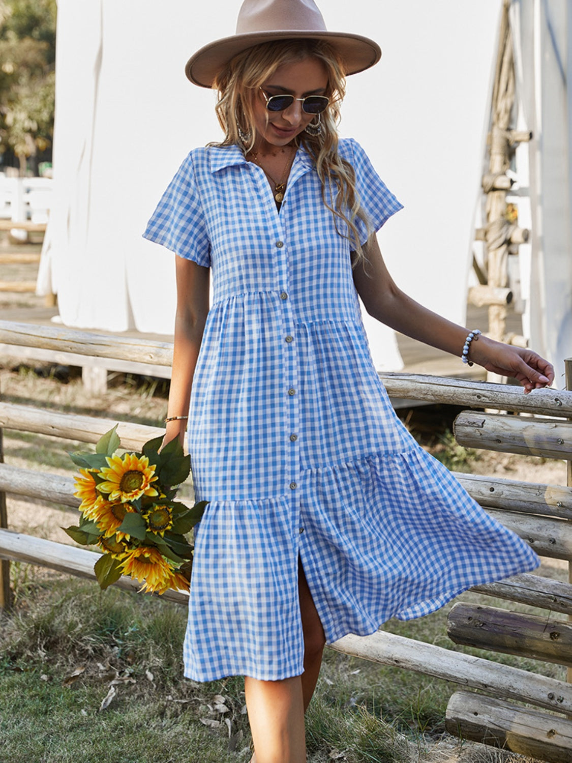 Button Up Plaid Short Sleeve Midi Dress   