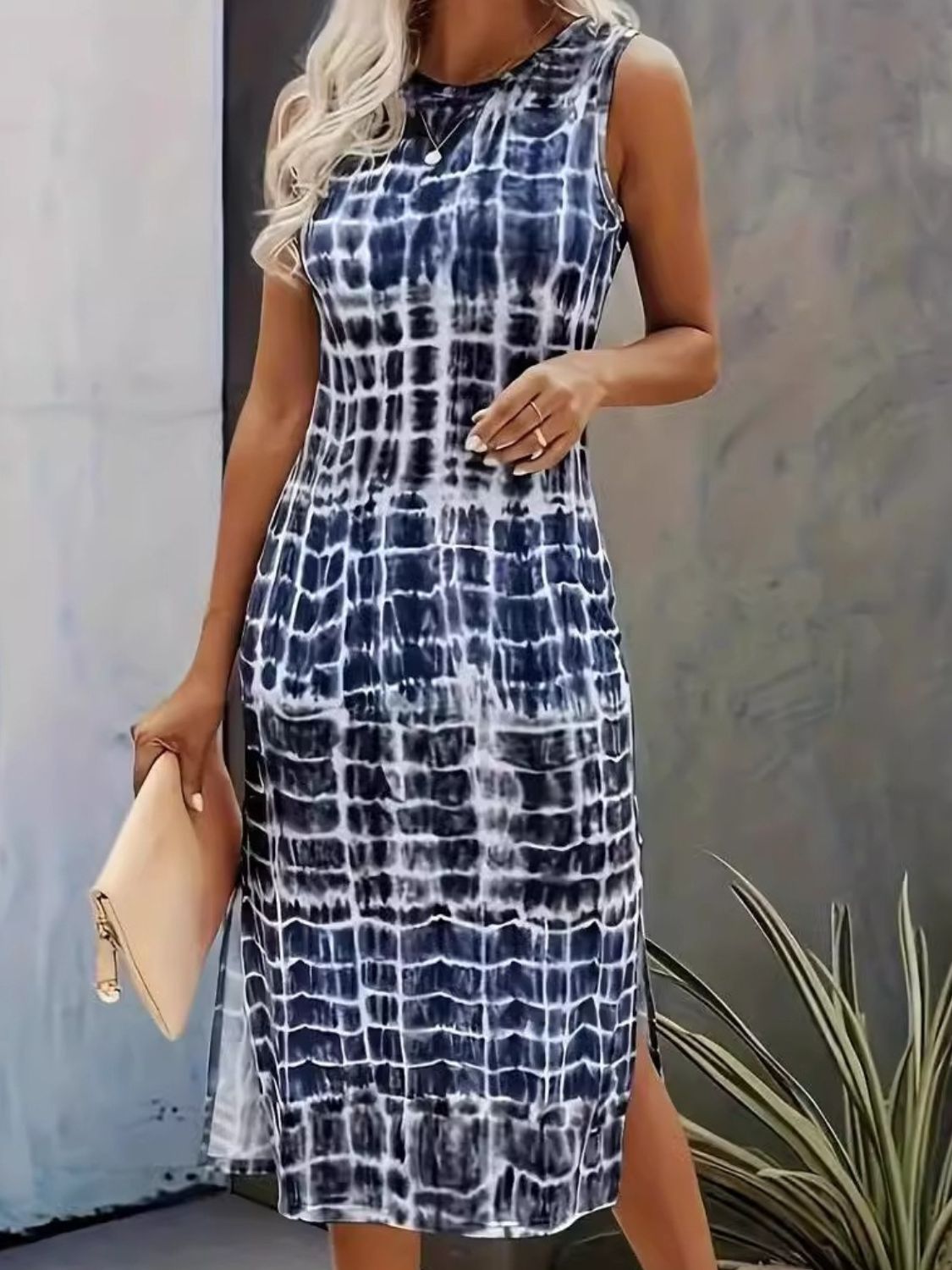 Slit Printed Round Neck Sleeveless Dress Dark Blue S 