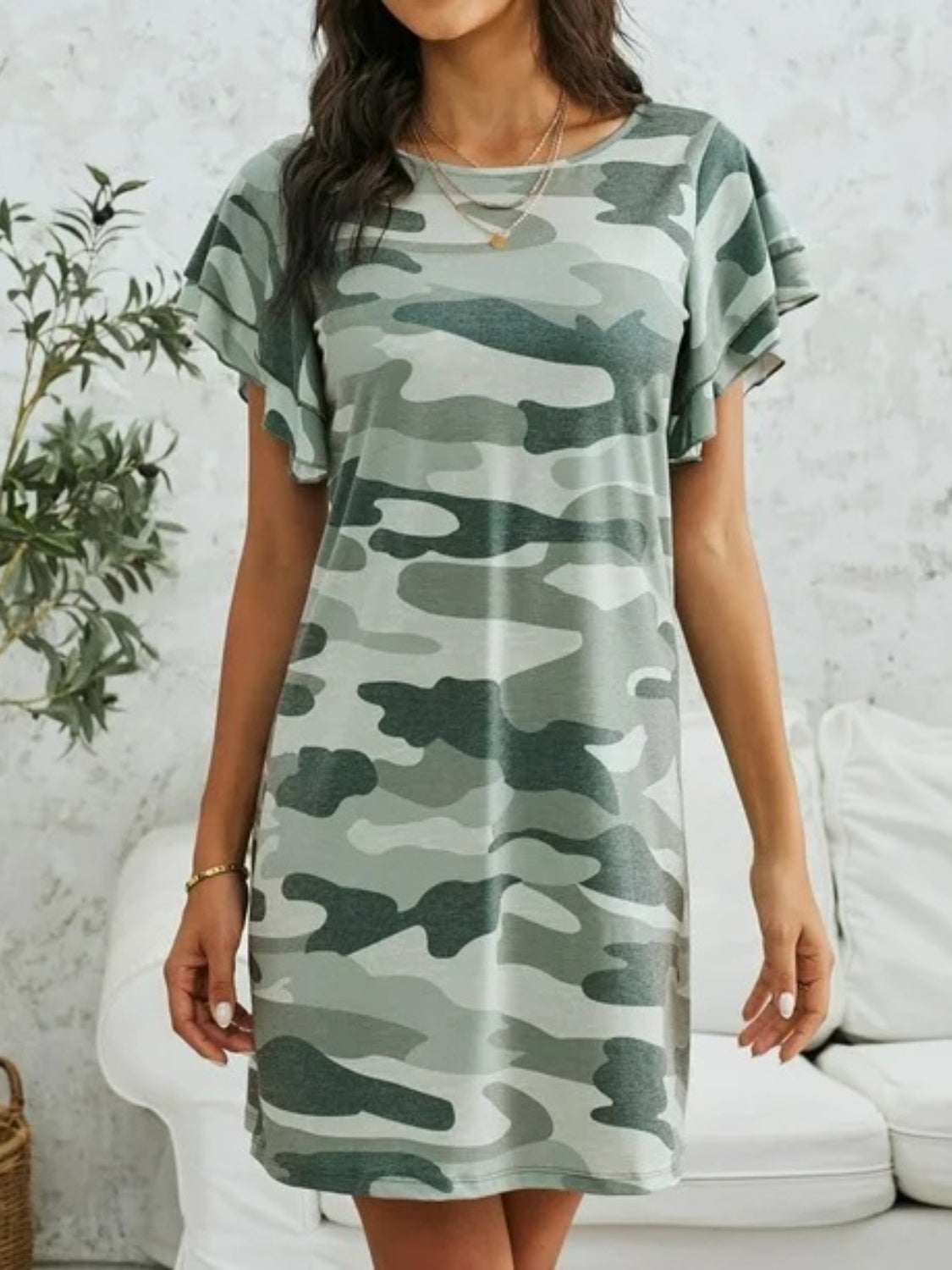 Camouflage Round Neck Short Sleeve Mini Dress Green Camouflage S 