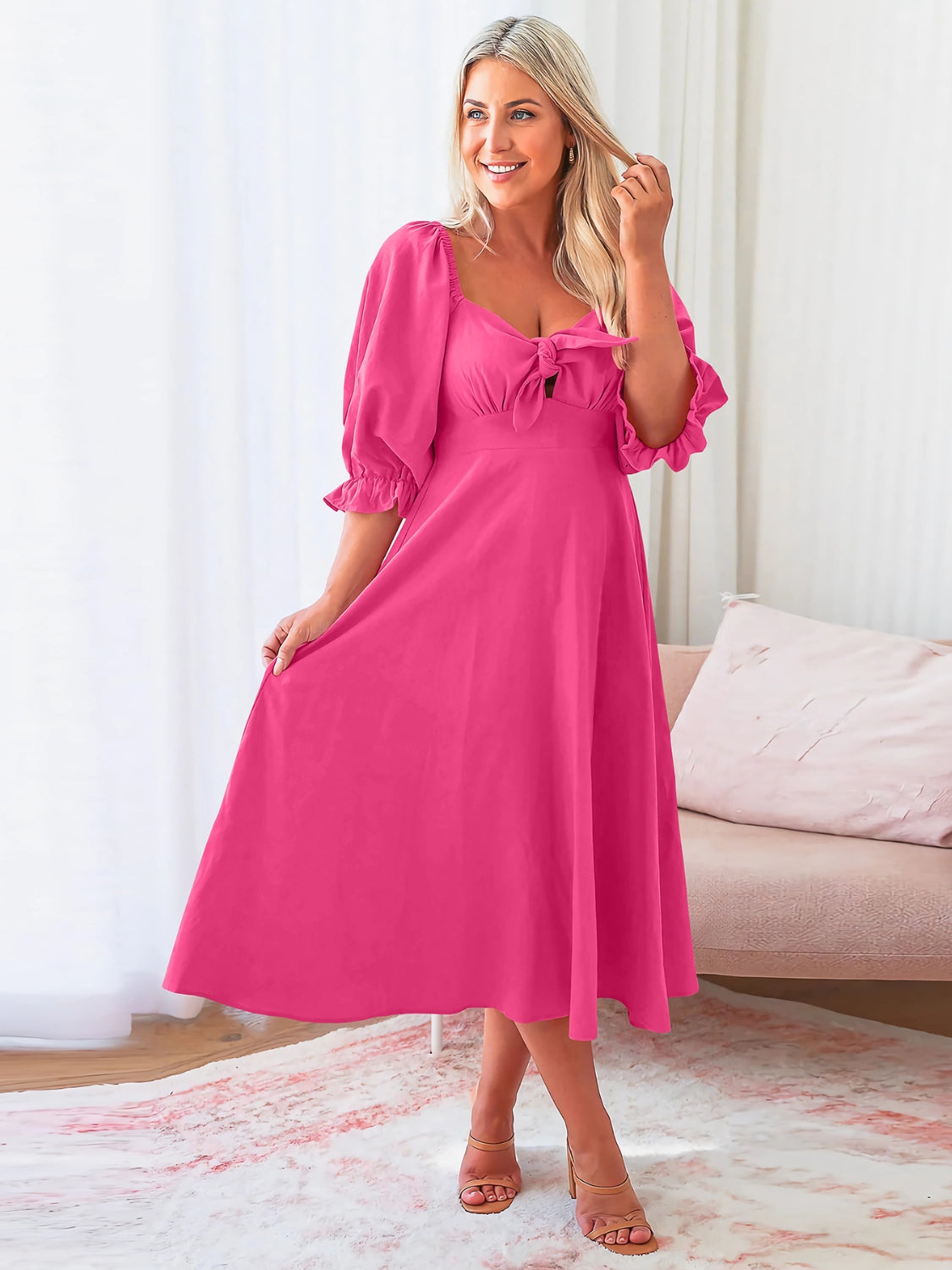 Sweetheart Neck Flounce Sleeve Midi Dress Hot Pink S 