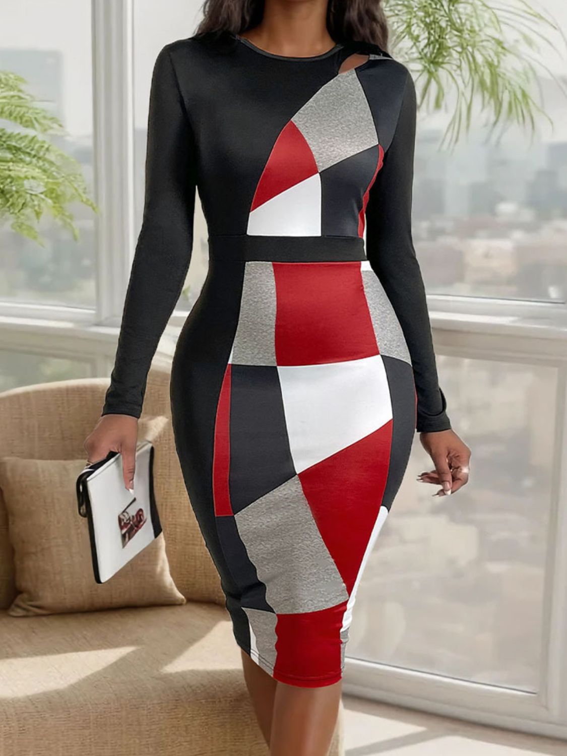 Cutout Color Block Round Neck Long Sleeve Dress Black S 