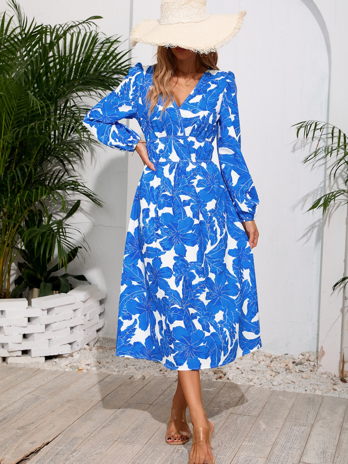 Printed Surplice Long Sleeve Midi Dress   