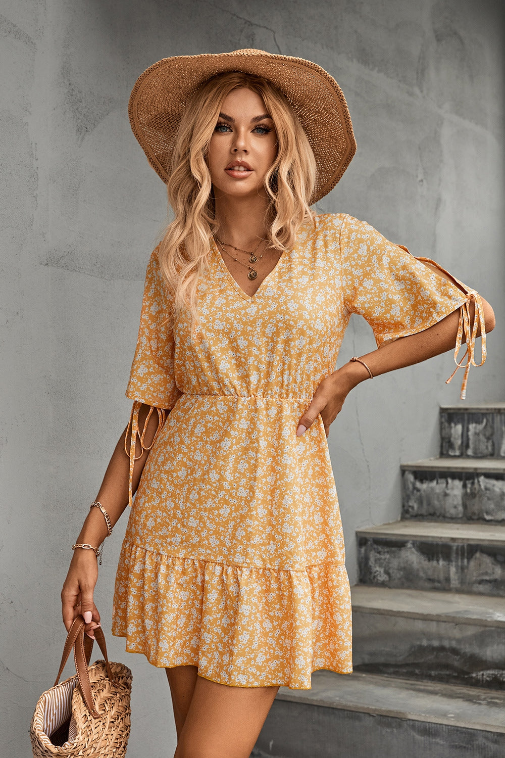 Ditsy Floral V-Neck Half Sleeve Mini Dress Light Yellow S 