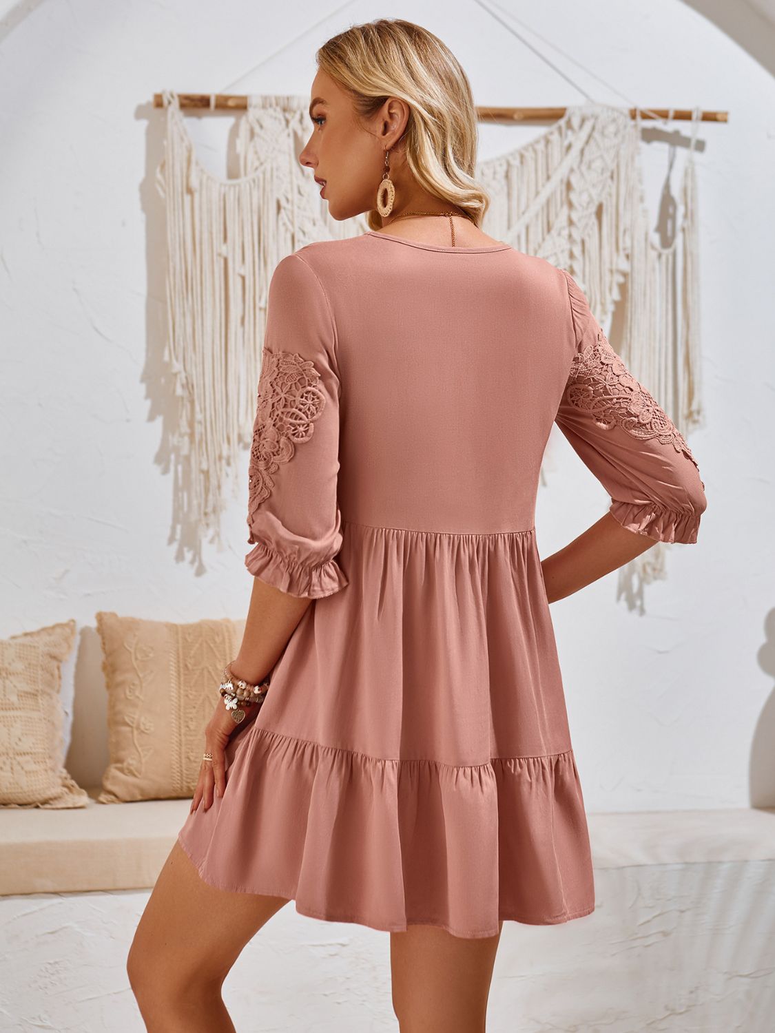 Lace Detail Tie Neck Half Sleeve Mini Dress   