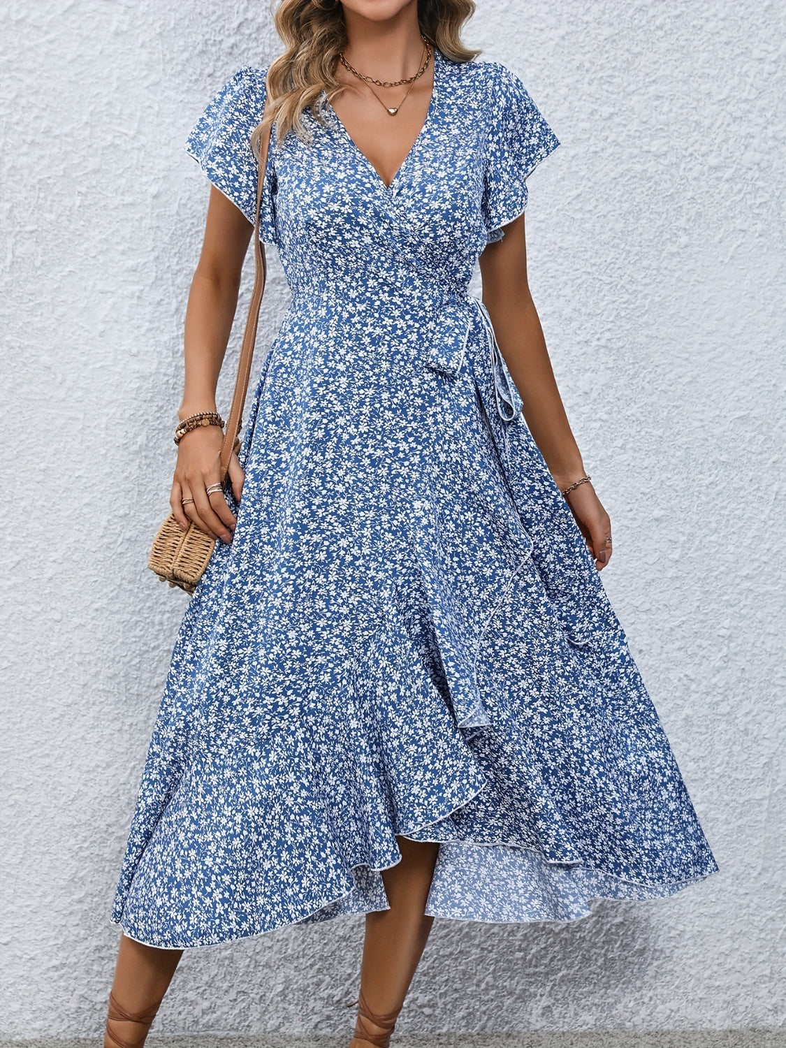 Printed Surplice Flutter Sleeve Midi Dress Blue S 