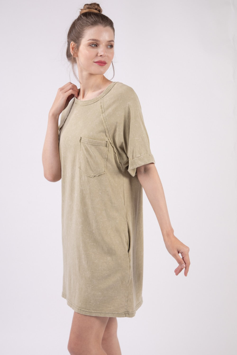 VERY J Washed Round Neck Mini Tee Dress Sage S 