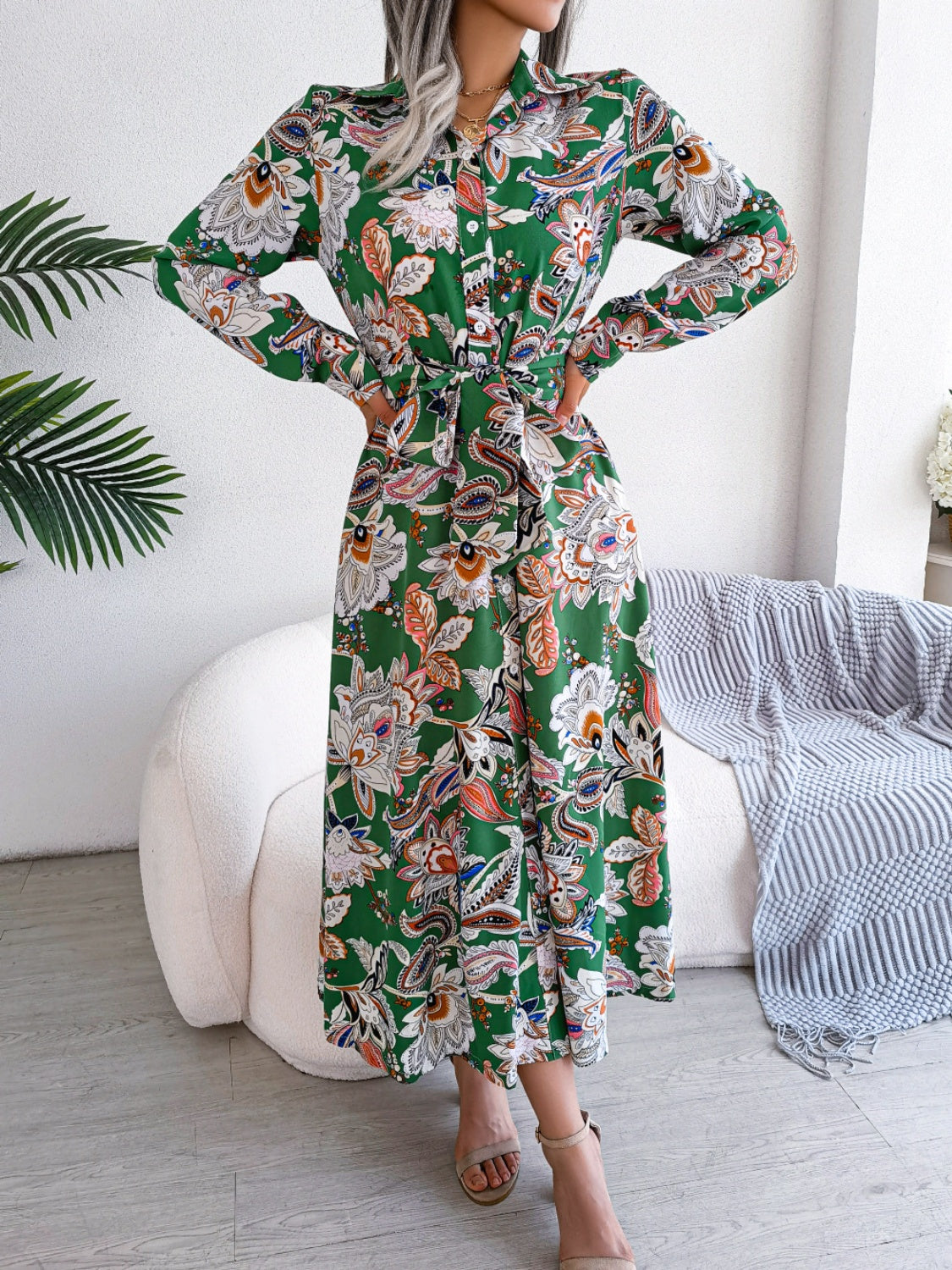 Tied Printed Long Sleeve Midi Dress Green S 