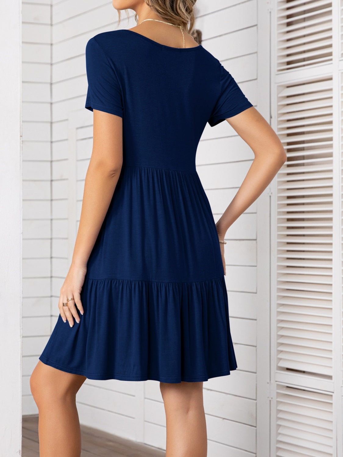 Round Neck Short Sleeve Mini Tee Dress Indigo S 