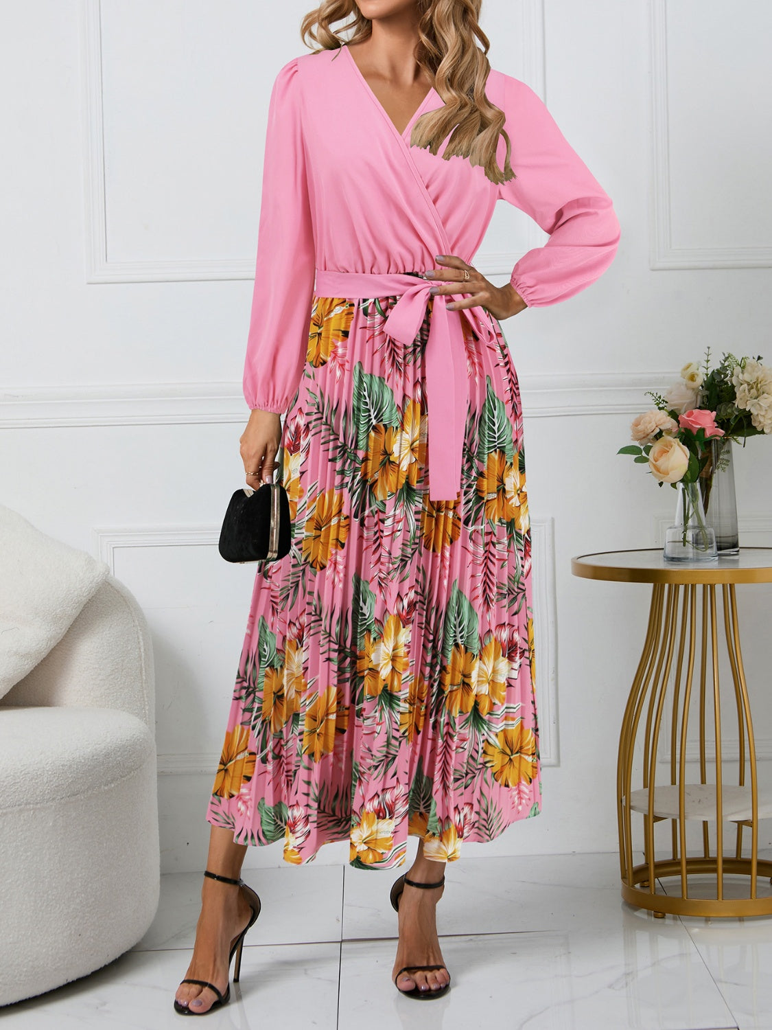 Pleated Printed Surplice Long Sleeve Dress Pink S 