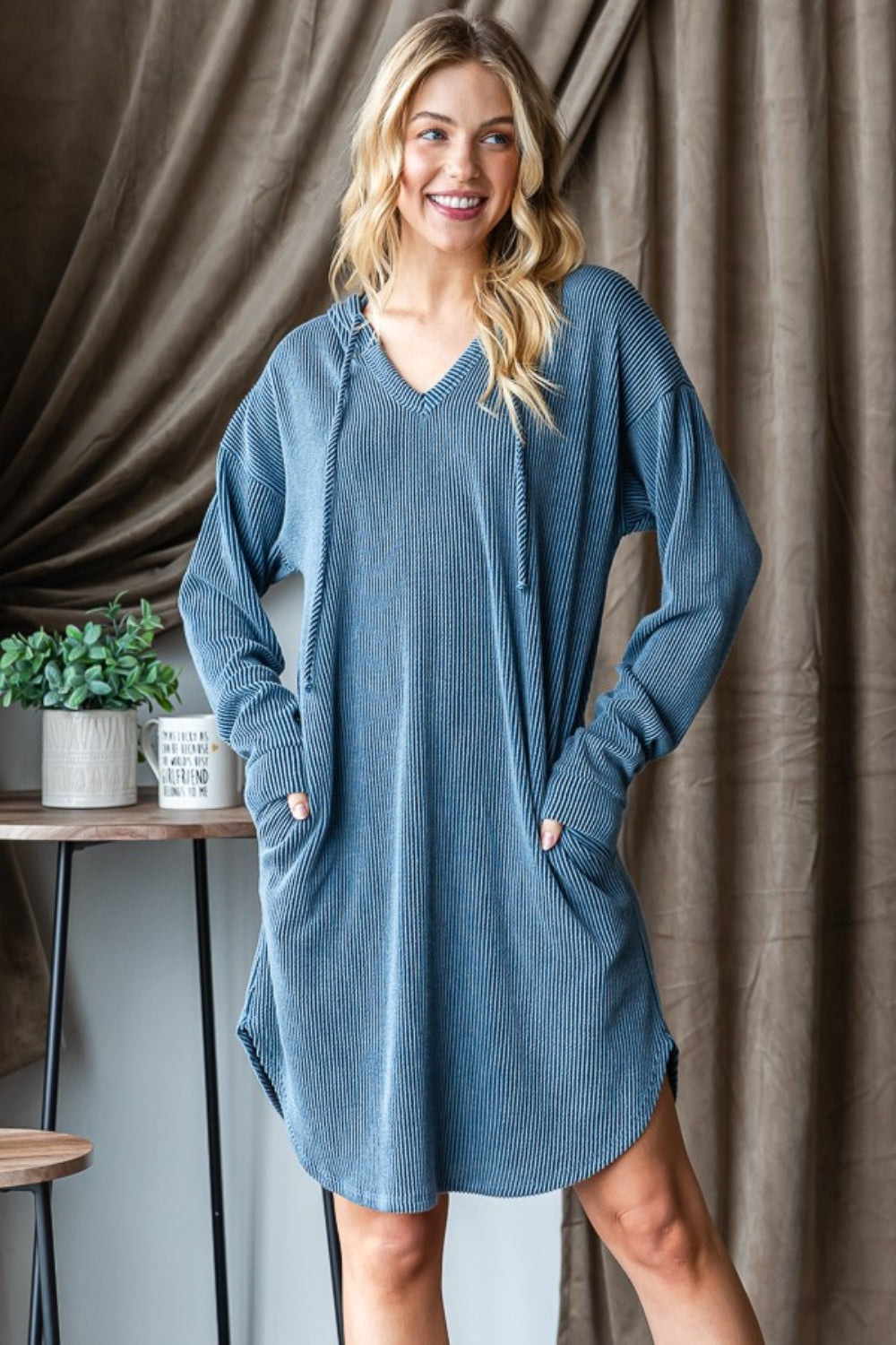 Heimish Ribbed Long Sleeve Hooded Dress Dk Denim S 