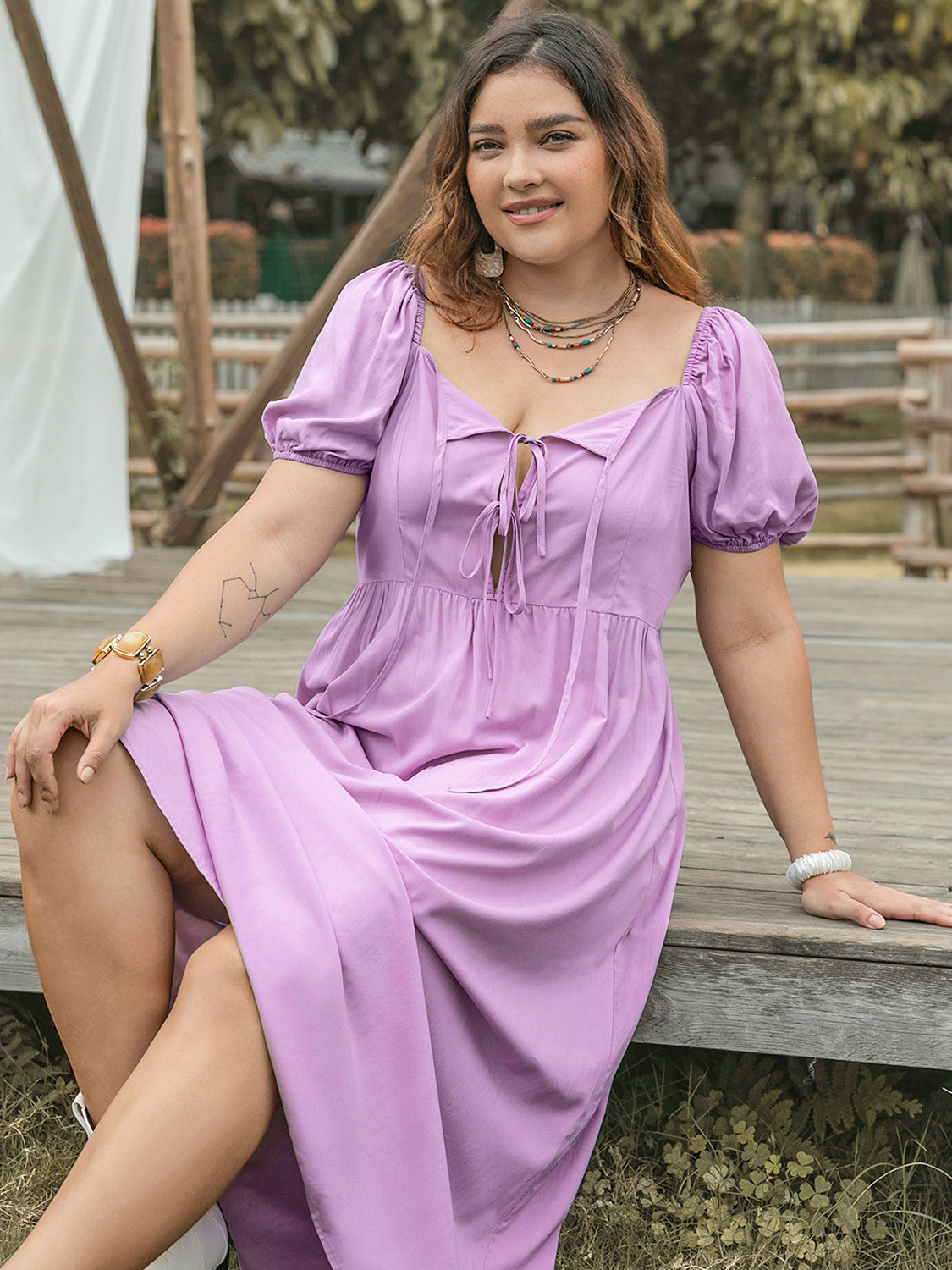 Plus Size Tie Neck Short Sleeve Dress   