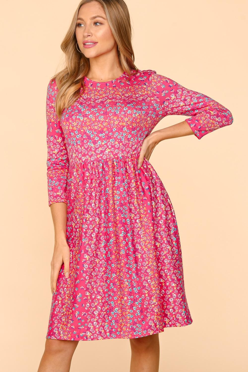 Haptics Round Neck Floral Dress with Pockets Fuchsia S 