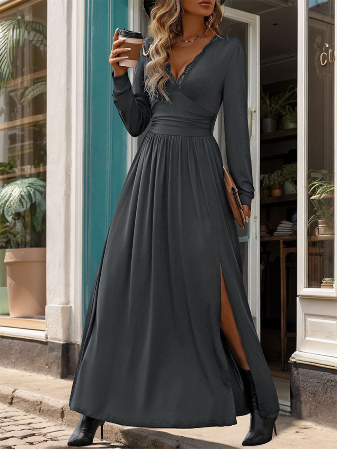 Lace Detail Slit V-Neck Long Sleeve Dress Dark Gray S 