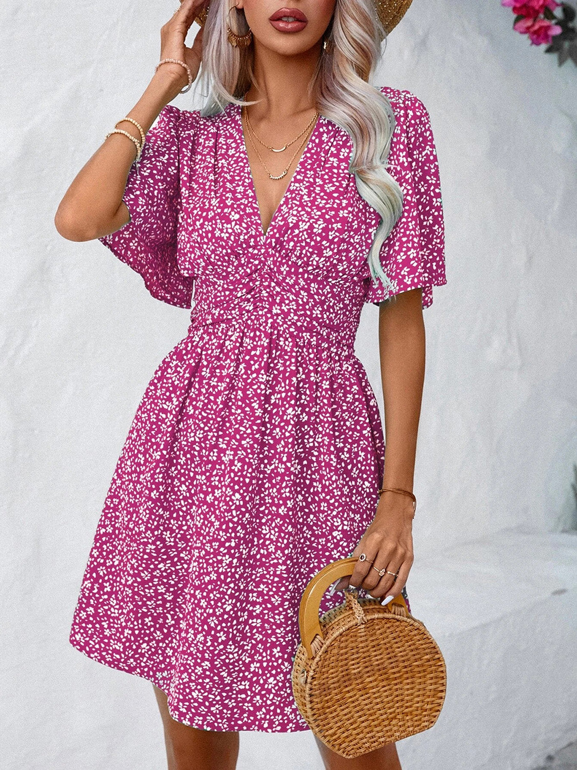 Printed V-Neck Half Sleeve Mini Dress Deep Rose S 