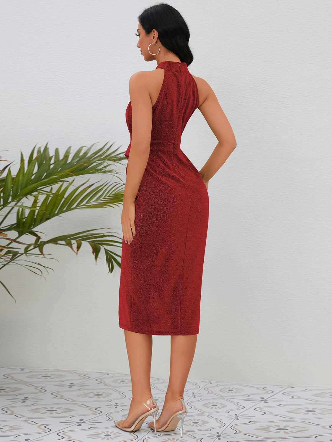 Slit Ruched Mock Neck Sleeveless Dress Burgundy S 